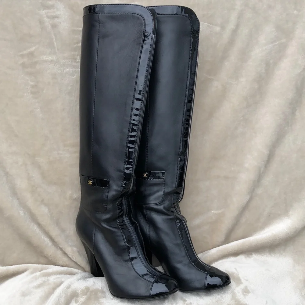 CHANEL Black Leather Tall Boots with Gold Accents - Picture 4 of 16